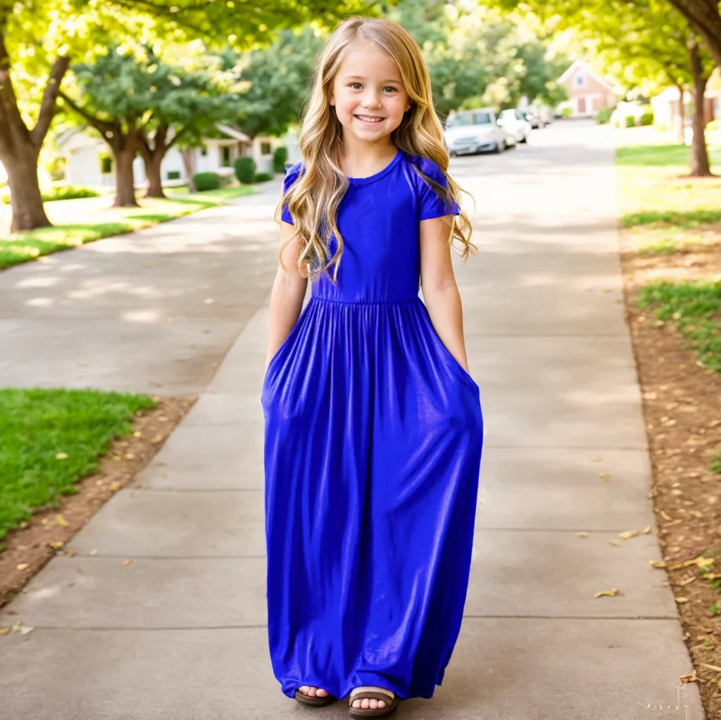 Girls Short Sleeved Long Dress Beach Party Birthday Casual Fashion Show Versatile A-Line Dress-Dollar Bargains Online Shopping Australia