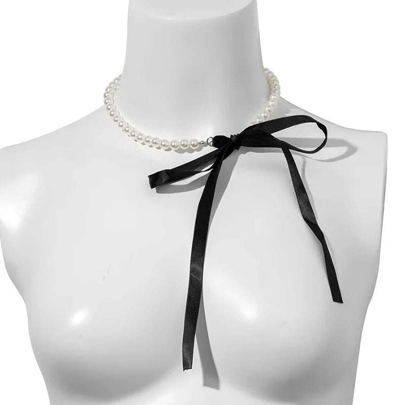 Wedding Party Jewelry Long Black Ribbon Choker Necklace For Women Elegant White Imitation Pearl Beach Vacation Necklaces-Dollar Bargains Online Shopping Australia