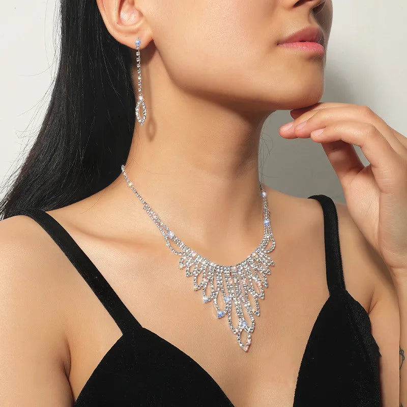 Geometric Rhinestone Necklace Earrings For Women Long Tassel Jewelry Sets Ladies Weddings Banquet Accessory-Dollar Bargains Online Shopping Australia