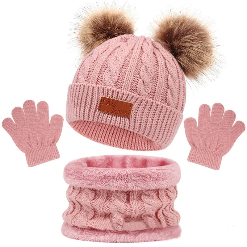 Children Winter Warm Suits Knitted Hat Scarf and Gloves Set For Girls Boy Pompoms Baby Beanies Cap Christmas Gifts For Kids 1-5y-Dollar Bargains Online Shopping Australia