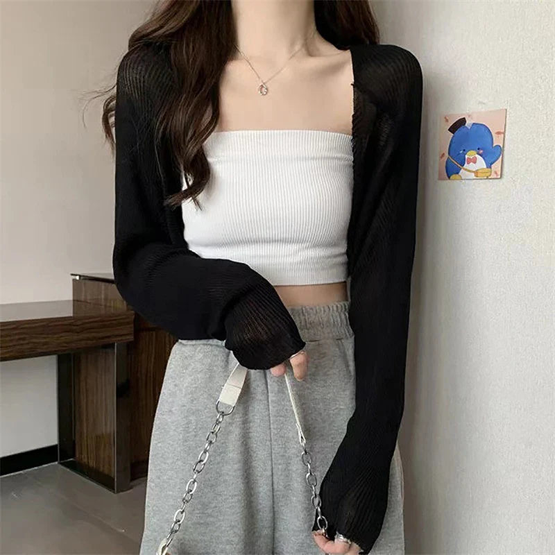 Summer Ice Silk Short Knitted Sunscreen Cardigan Women Solid Color Long Sleeve Thin Smock-Dollar Bargains Online Shopping Australia