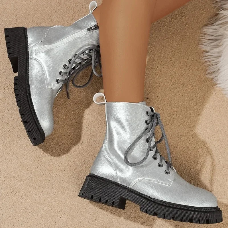 Shoes Women Silver Women's Boots Anti-slip and Wear-resistant Ladies High-top Motorcycle Boots