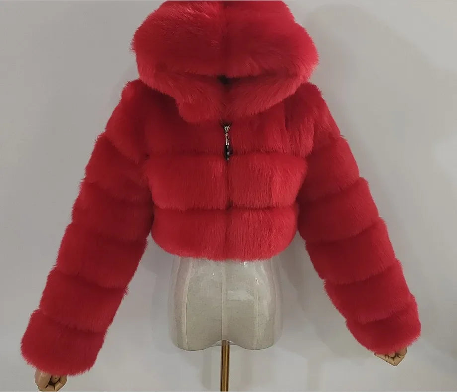 Autumn Furry Cropped Faux Fur Coats Jackets Women Fluffy Top Coat Hooded Straight Short Winter Fur Jacket Fashion Streetwear