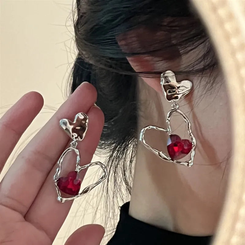 Red Crystal Stone Dangle Earrings Simple Vintage Gothic Pearl Heart Pendant Earring Ear Drop