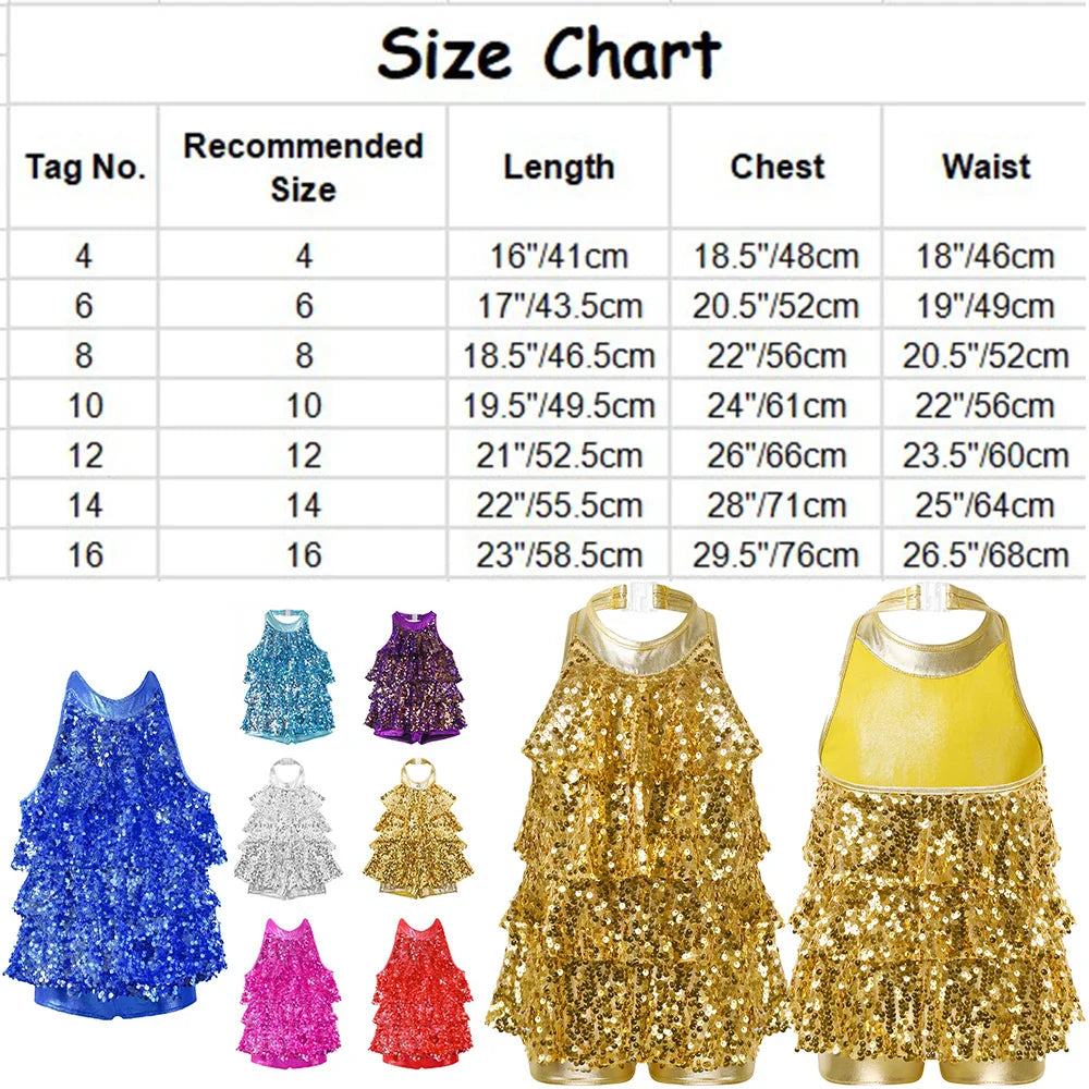 Shiny Sequins Kids Girls Halter Ballet Dance Stage Performance Dress Shorty Unitard Dress Modern Jazz Latin Dancing Costumes-Dollar Bargains Online Shopping Australia
