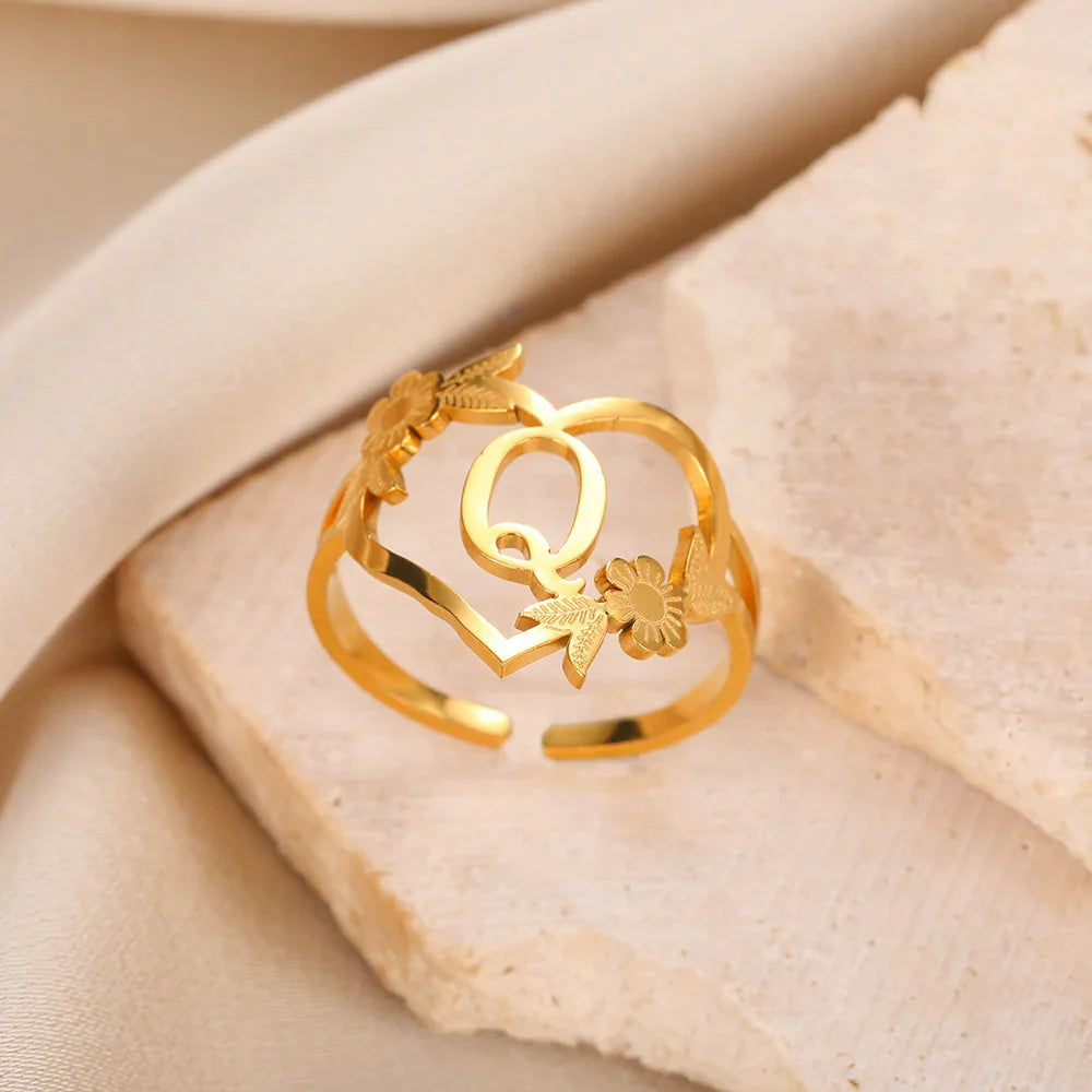 Stainless Steel Initials Flower Heart Rings Gold Color Adjustable Delicate Letter Leaf Rings For Women Girl Alphabet Jewelry-Dollar Bargains Online Shopping Australia