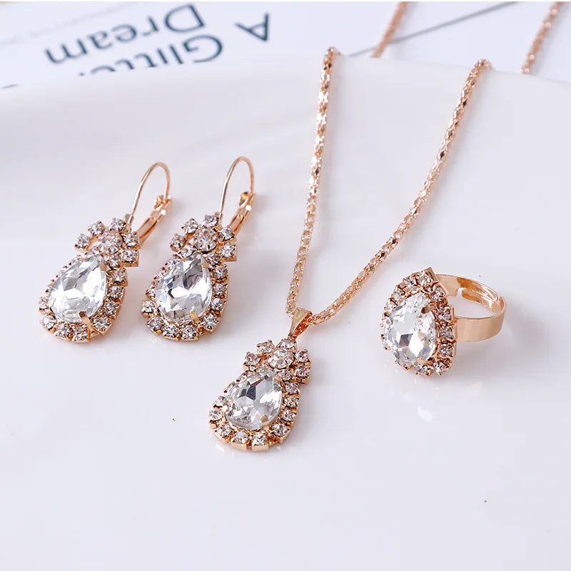 Crystal Ring Necklace Earrings Set Wedding Jewelry Sets For Brides Pendant Earrings For Girls Women African Jewelry Sets-Dollar Bargains Online Shopping Australia