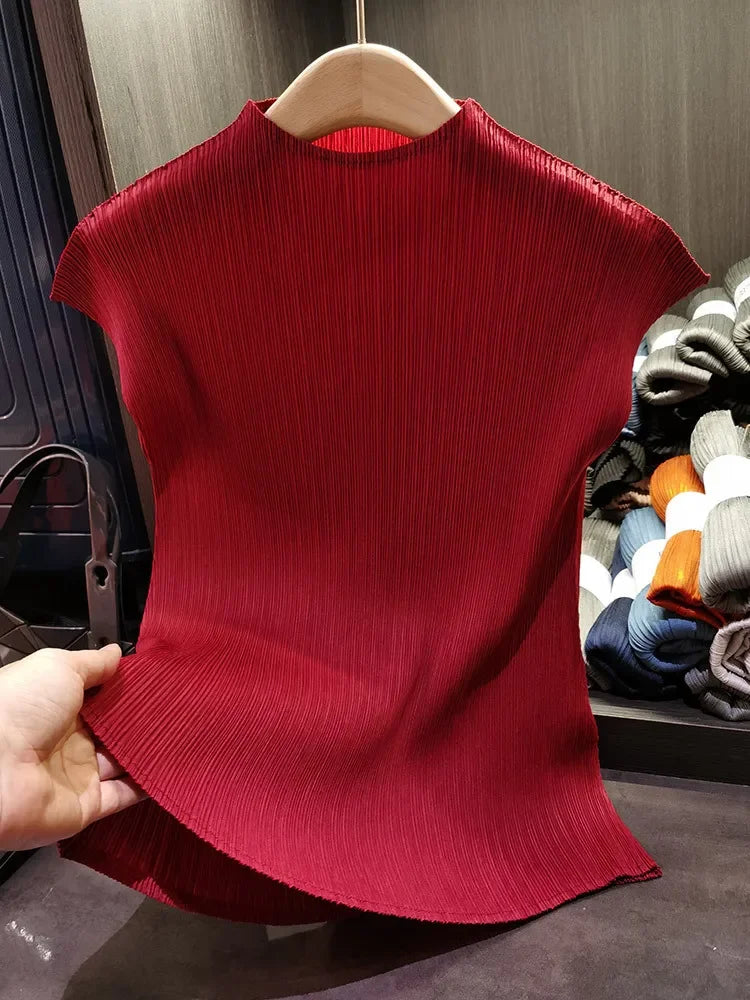 Versatile Classic Simple Solid Color Stand Up Collar Pleated Top Women Slim Slim Short Sleeve Miyake T-shirt Summer-Dollar Bargains Online Shopping Australia