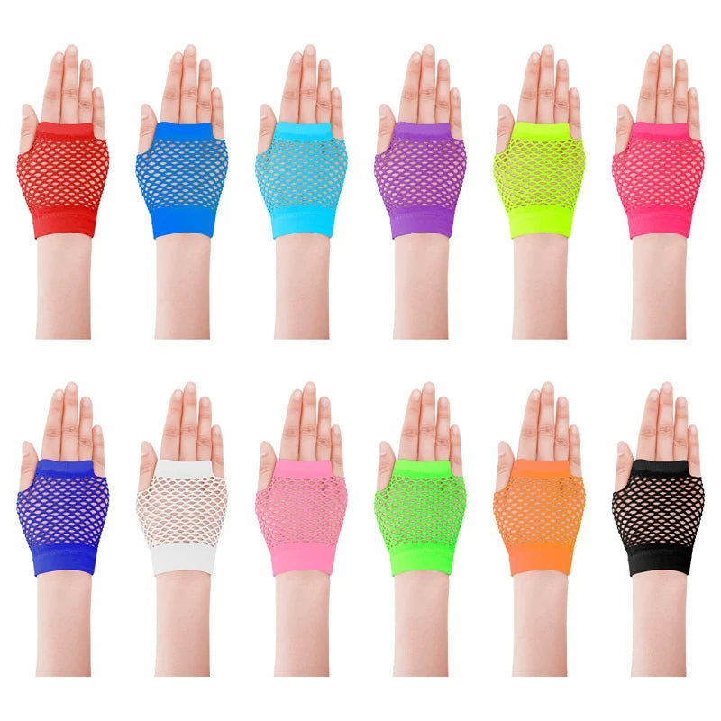 Colored Nylon Short Fingerless Fishnet Gloves Elastic  Hollow Out Neon Mesh Wrist Gloves Mittens Halloween Costume Accessories