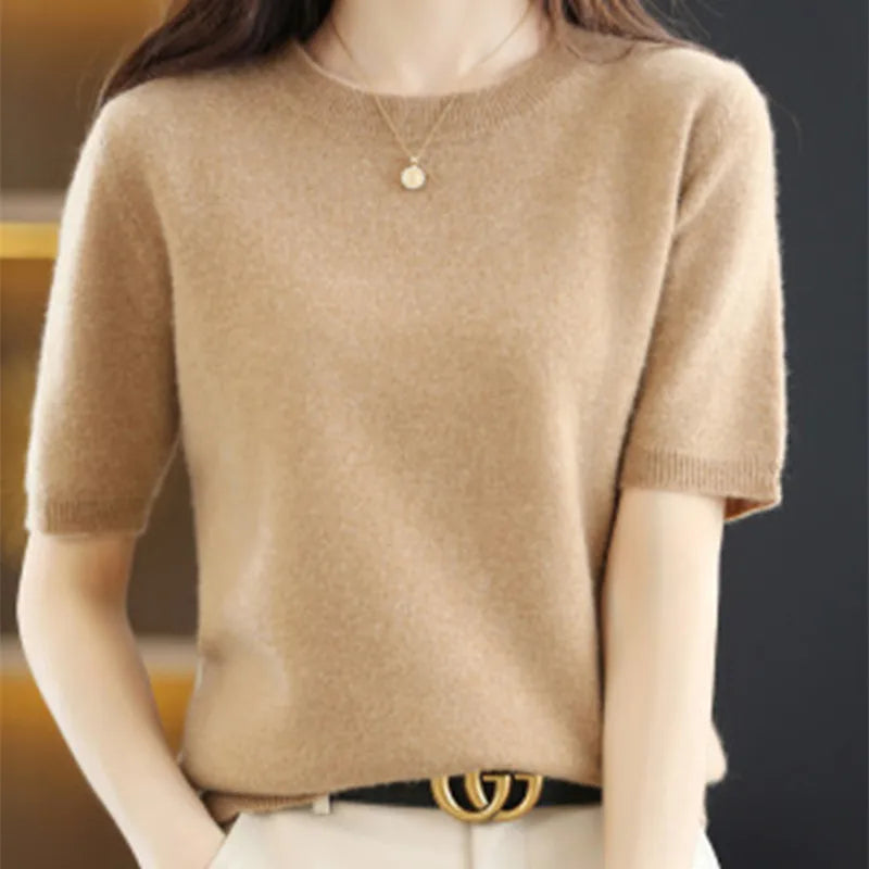 Spring and Summer New Short-sleeved Women O-neck Slim Wool Cotton Blend Pullover Vest T-shirt Knitted Base Sweater-Dollar Bargains Online Shopping Australia