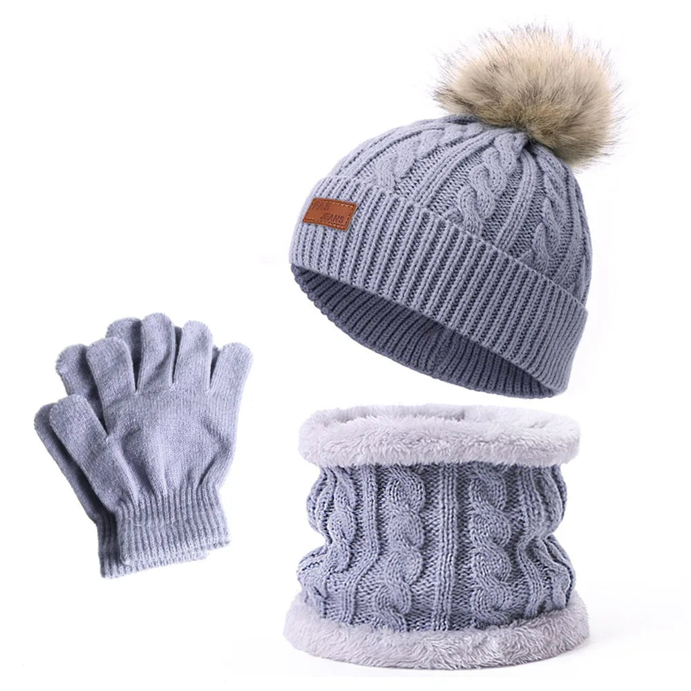 Warm Winter Baby Hats with Scarves for Kids Wool Pompom Baby Hat Children Bonnet Cap Boys Girls Knitted Scarf Gloves Beanie Caps-Dollar Bargains Online Shopping Australia