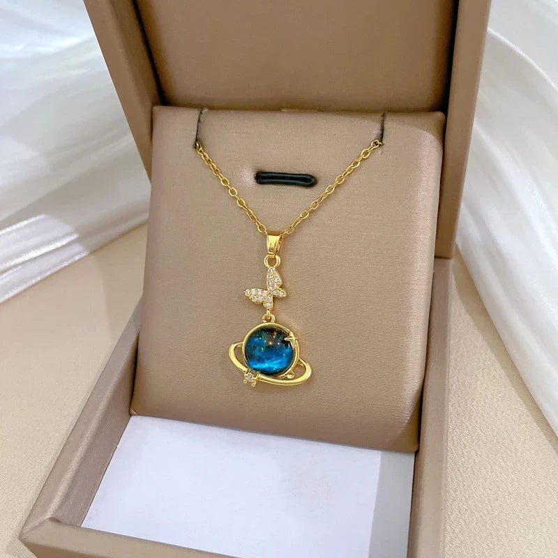 Stainless Steel Zircon Planet Star Pendant Necklace For Women Girl Elegant Aesthetic Clavicle Chain Necklace Jewelry Party Gift-Dollar Bargains Online Shopping Australia