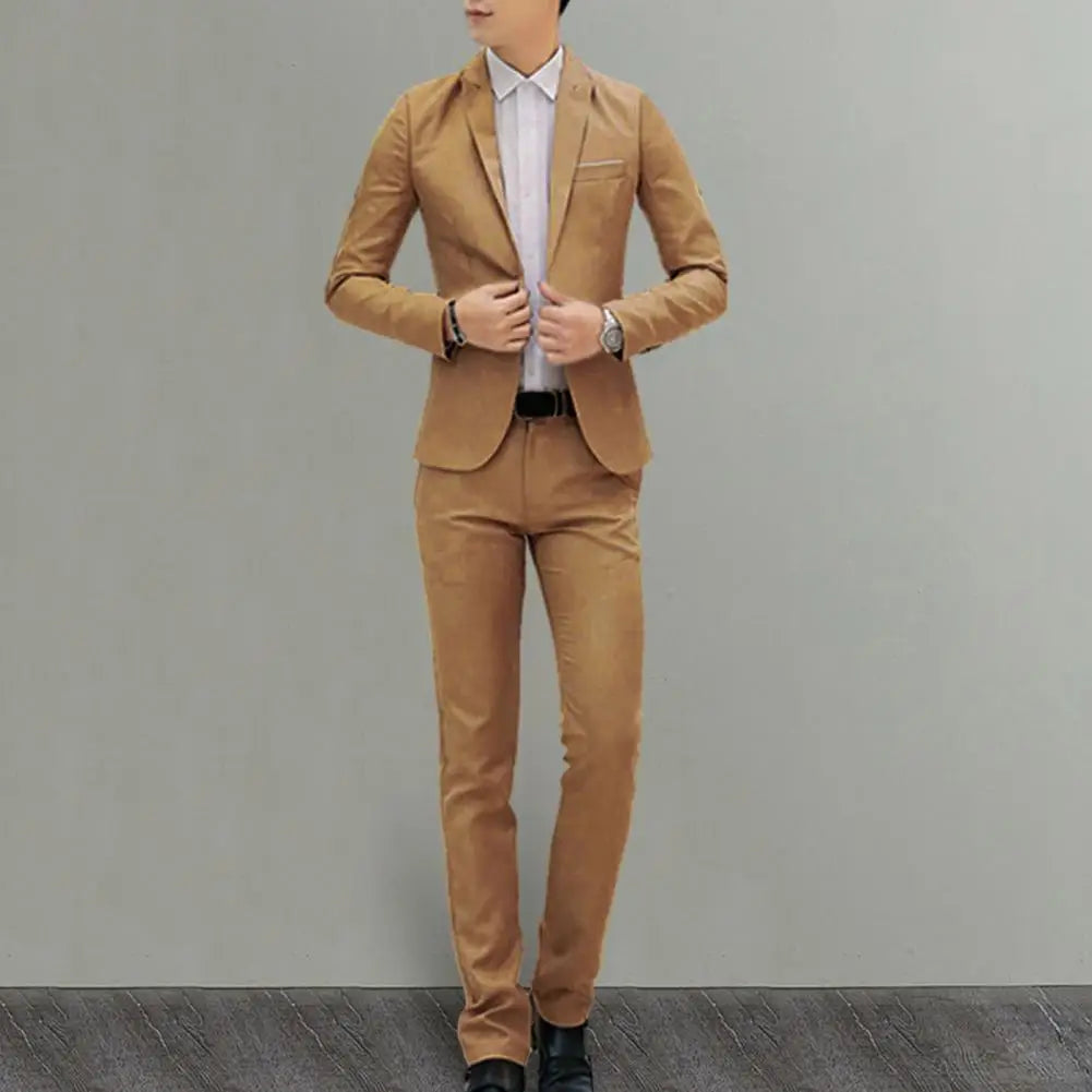 Men Slim Fit Pants Set Men's Slim Fit Business Suit Set with Single Button Long Pants Spring Autumn Solid Color Lapel Design