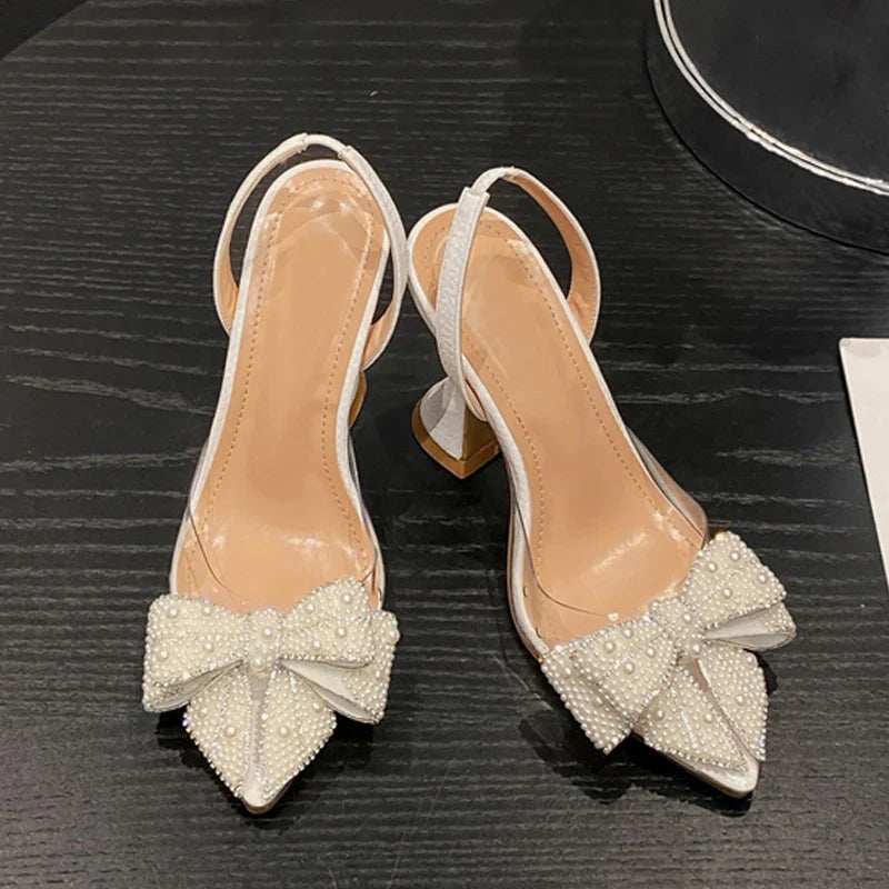 White Pearl Bowknot Women Pumps Sexy Pointed Toe High Heels Wedding Prom Shoe PVC Transparent Sandal Female-Dollar Bargains Online Shopping Australia
