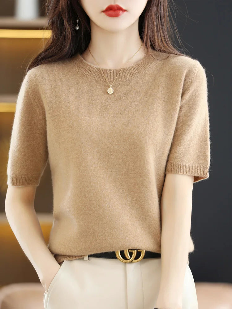 Short-sleeved Knitwear Women O-neck T-shirt Wool Cotton Blend Pullover Vest Sprig Summer Bottoming Tops Sweater Solid Soft-Dollar Bargains Online Shopping Australia