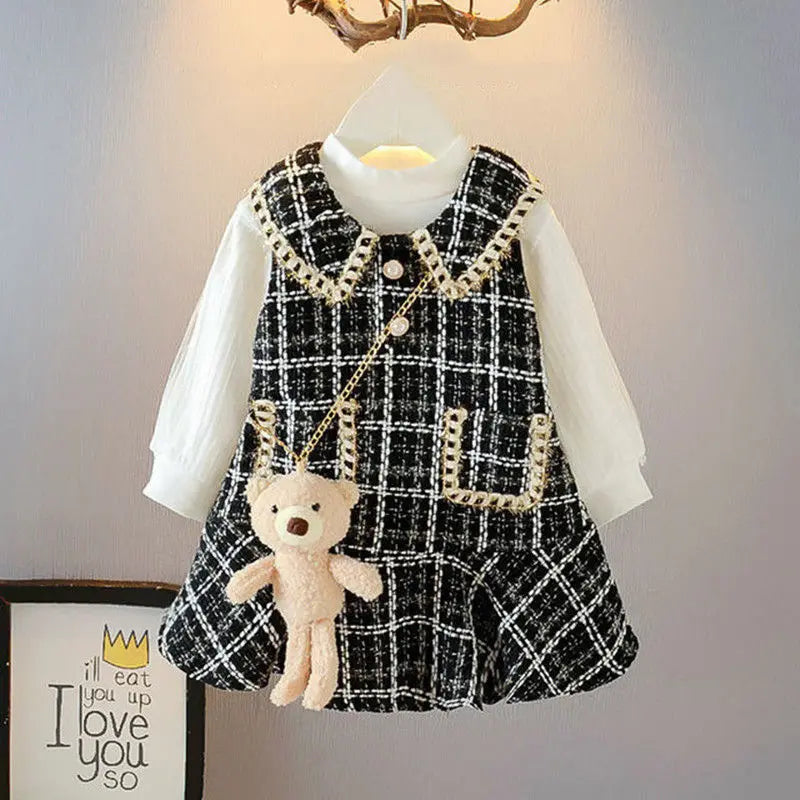 Baby Girls winter Princess Patchwork Dress Kids Bowtie Casual Outfits Baby Lovely Suits-Dollar Bargains Online Shopping Australia