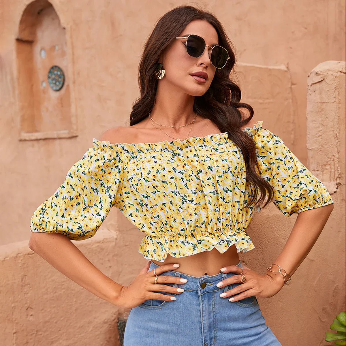 Floral Lantern Sleeve Casual Shirt Women Summer Vacation Elastic Off Shoulder Crop Tops Beach Style-Dollar Bargains Online Shopping Australia