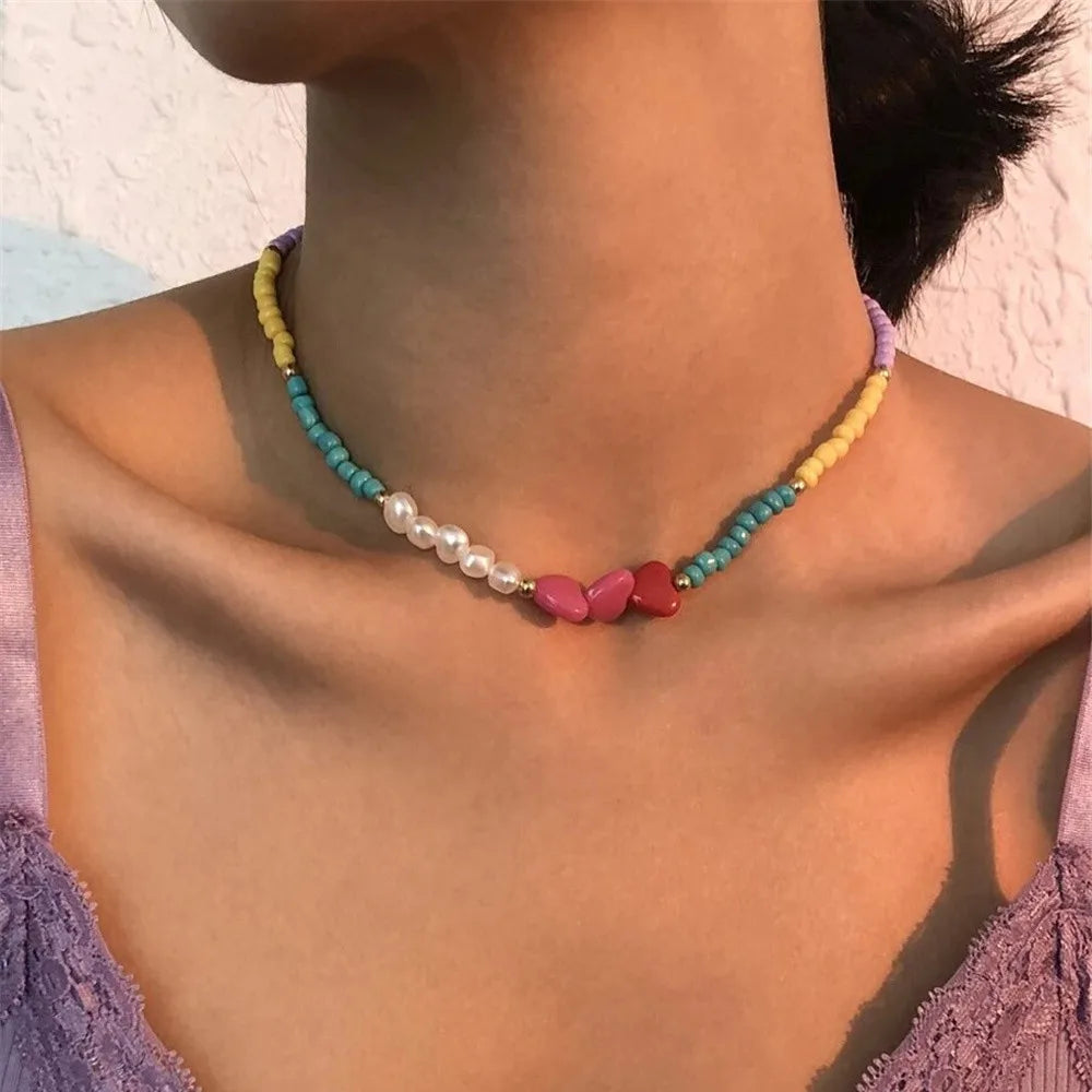 Boho Choker Simple Vintage Red Heart Shape Necklace For Women Fashion Collar Beads Jewelry Party Gift-Dollar Bargains Online Shopping Australia