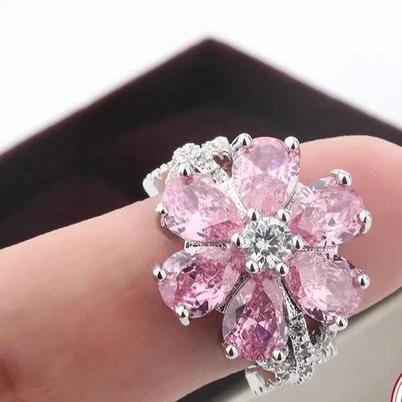 Exquisite Colorful Zircon 925 Silver Ring Women for Ring Fashion Pink Flowers Women's Engagement Ring Party Jewelry Peach
