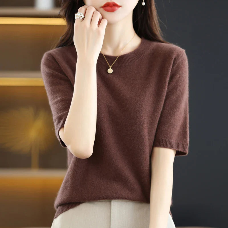 Short-sleeved Knitwear Women O-neck T-shirt Wool Cotton Blend Pullover Vest Sprig Summer Bottoming Tops Sweater Solid Soft-Dollar Bargains Online Shopping Australia