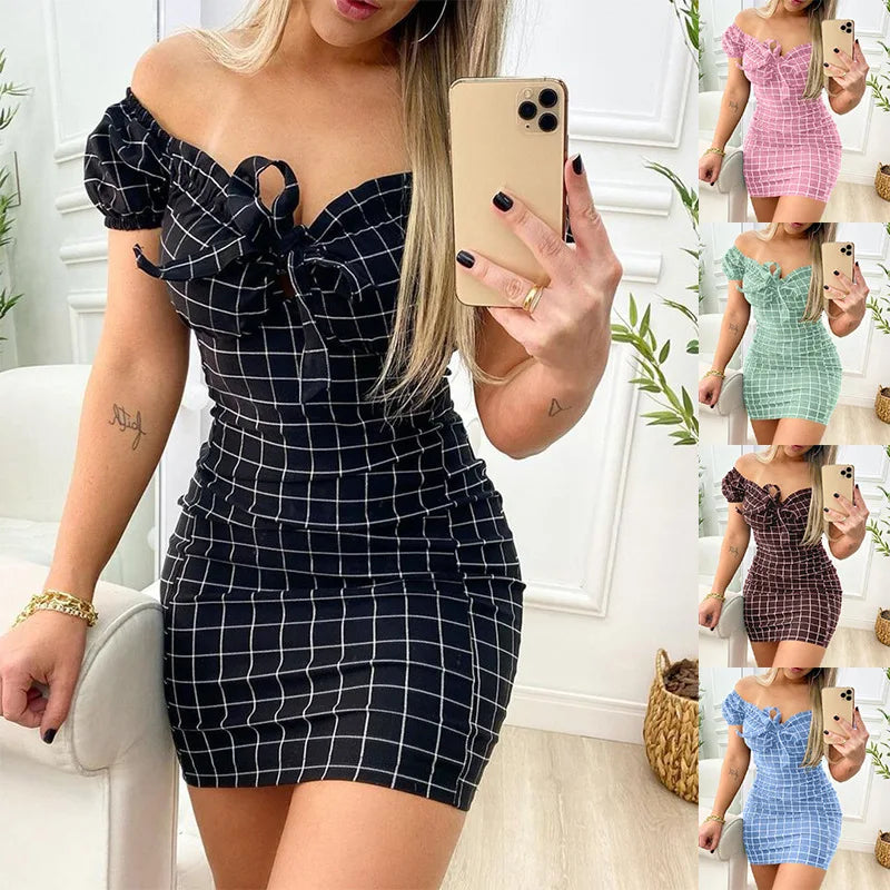 Summer dress sexy package buttocks short skirt of cross border grid print dress-Dollar Bargains Online Shopping Australia