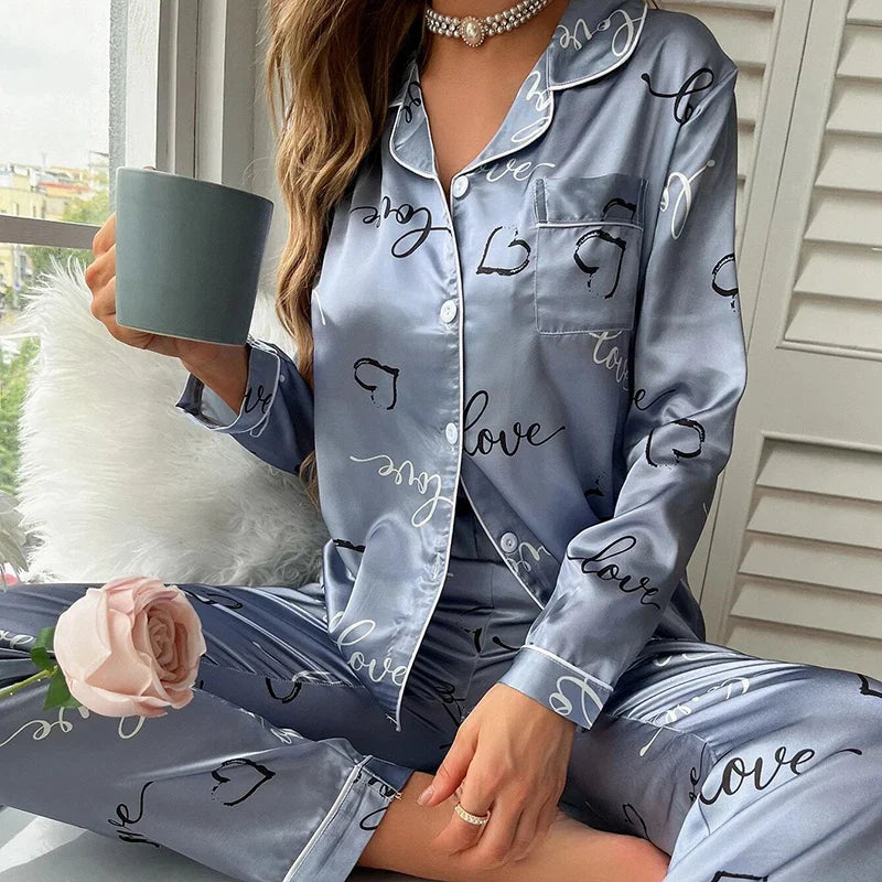 women Silk Satin pyjamas set Long sleeve Shirt with Trouser Sleepwear Loungewear Female Pyjamas Suits-Dollar Bargains Online Shopping Australia