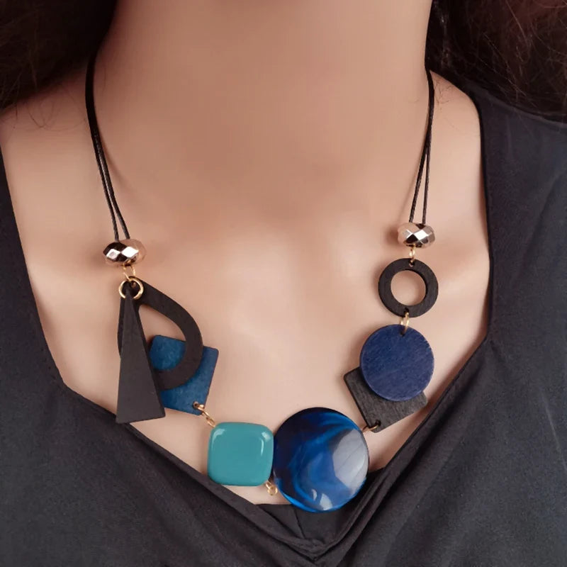 Vintage Wooden Geometric Pendant Necklace with Collar Handmade Ethnic Statement Bib Necklaces for Women Neck-Dollar Bargains Online Shopping Australia