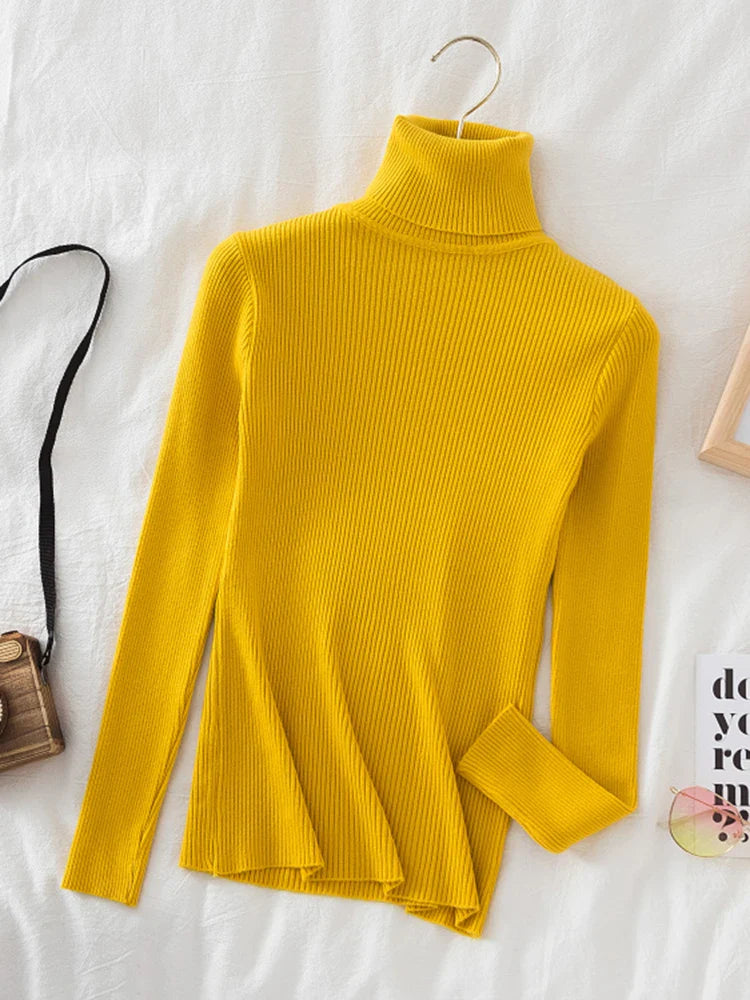 Korean Fashion Turtleneck Women Autumn Winter Pullover Sweater Basic Solid Casual Slim Stretch Ribbed Knitted Top Woman Sweaters-Dollar Bargains Online Shopping Australia