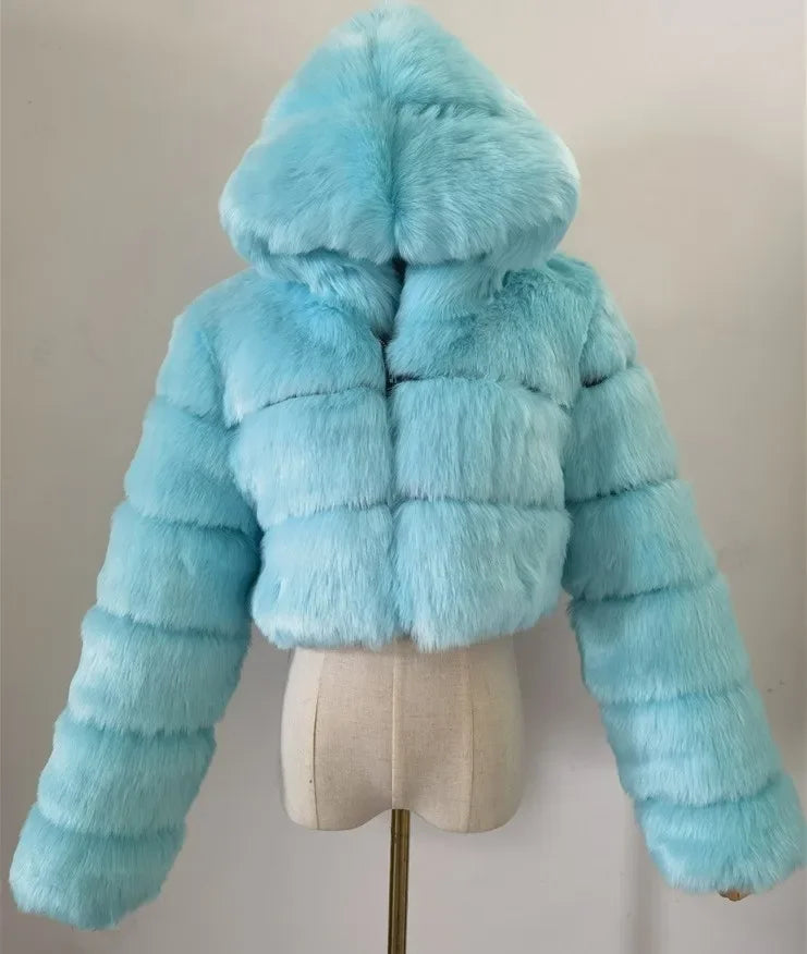 Autumn Furry Cropped Faux Fur Coats Jackets Women Fluffy Top Coat Hooded Straight Short Winter Fur Jacket Fashion Streetwear New