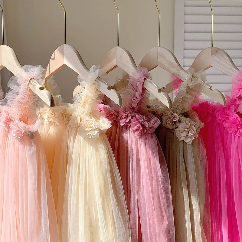 Kids Girl Dress 3D Flower Sling Sweet Beauty Children's Mesh Solid Color Baby Girls Beach Princess Fluffy Skirt-Dollar Bargains Online Shopping Australia