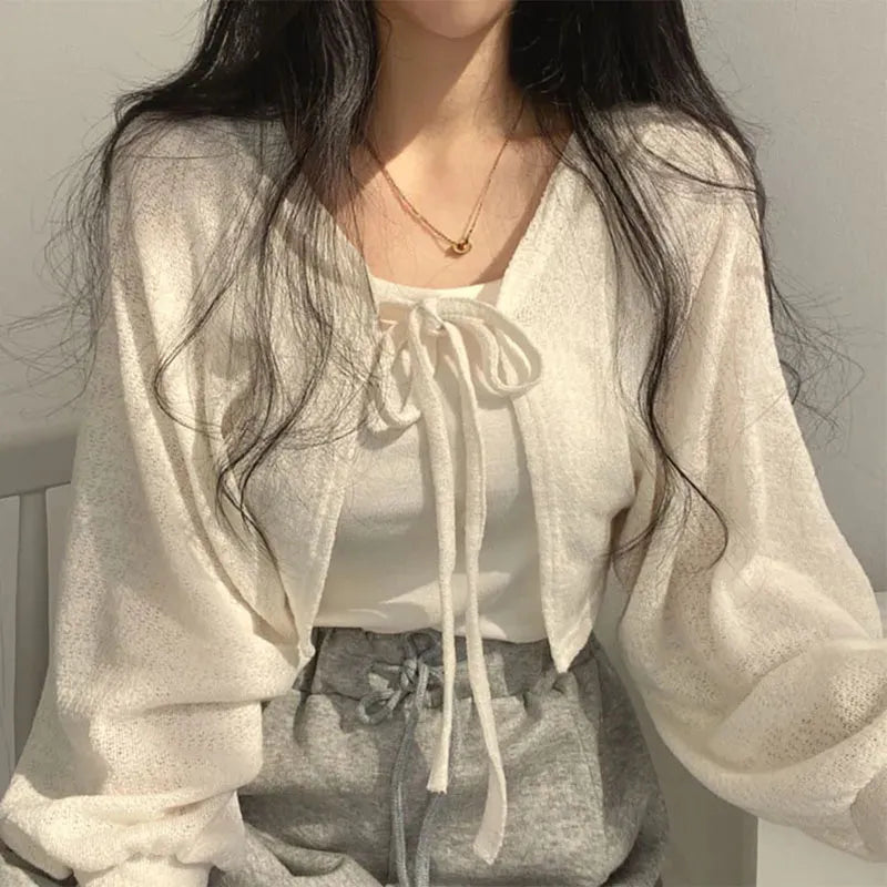 White Knitted Cardigan Women Summer Thin Sunscreen Lace-Up Knitwear Tops Female Lantern Sleeve Short Coat-Dollar Bargains Online Shopping Australia