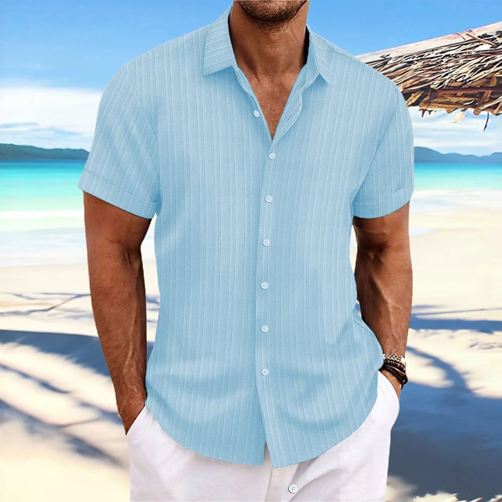 men's striped jacquard casual fashion comfortable loose short sleeve Hawaiian shirt-Dollar Bargains Online Shopping Australia