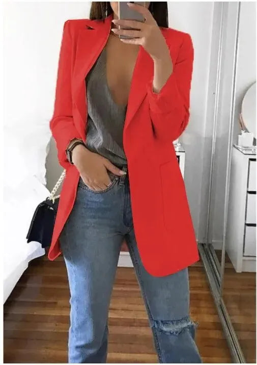 Plus Size Blazer Women Clothing Casual Cardigan Autumn Winter Overcoat Solid Large Topcoat Lapel Jacket Grace Fashion Outer Wear