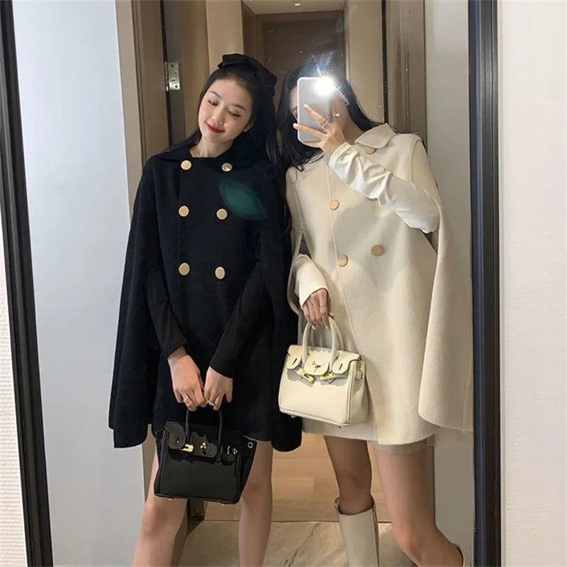 Fashion Woolen Poncho Coats for Women Autumn Winter Solid Cape Cloak Coat Loose Overcoat Female Double Breasted Lapel Jackets-Dollar Bargains Online Shopping Australia