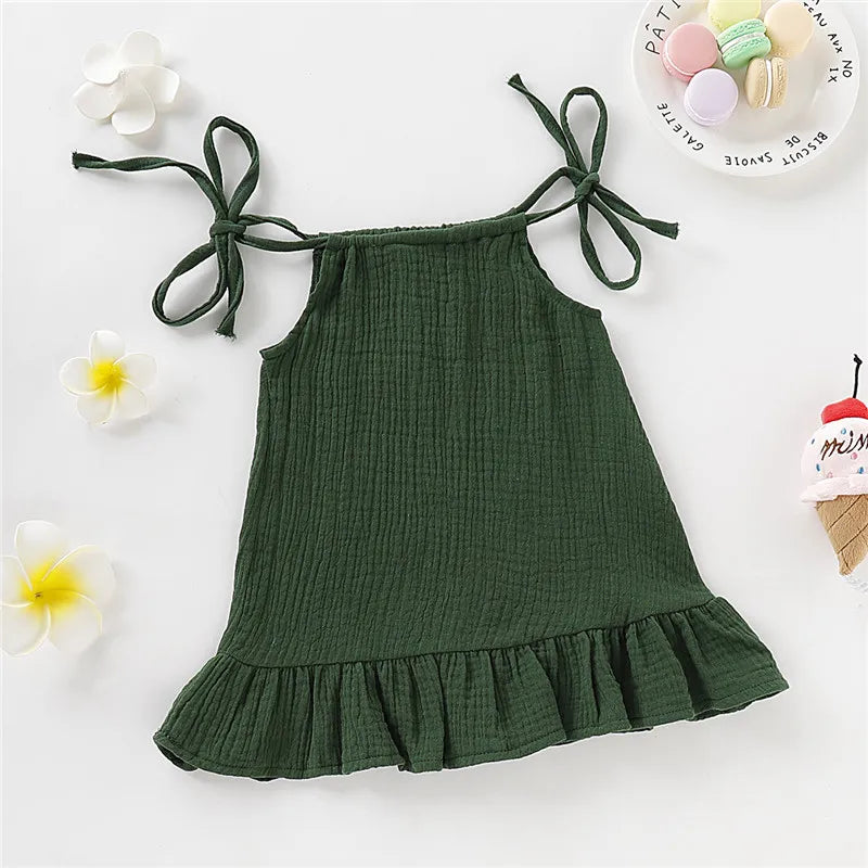 Kid Girl Summer Breathable Cotton Slip Dress Adjustable  Solid Color Halter Dress Toddler Girl Holiday Beachwea