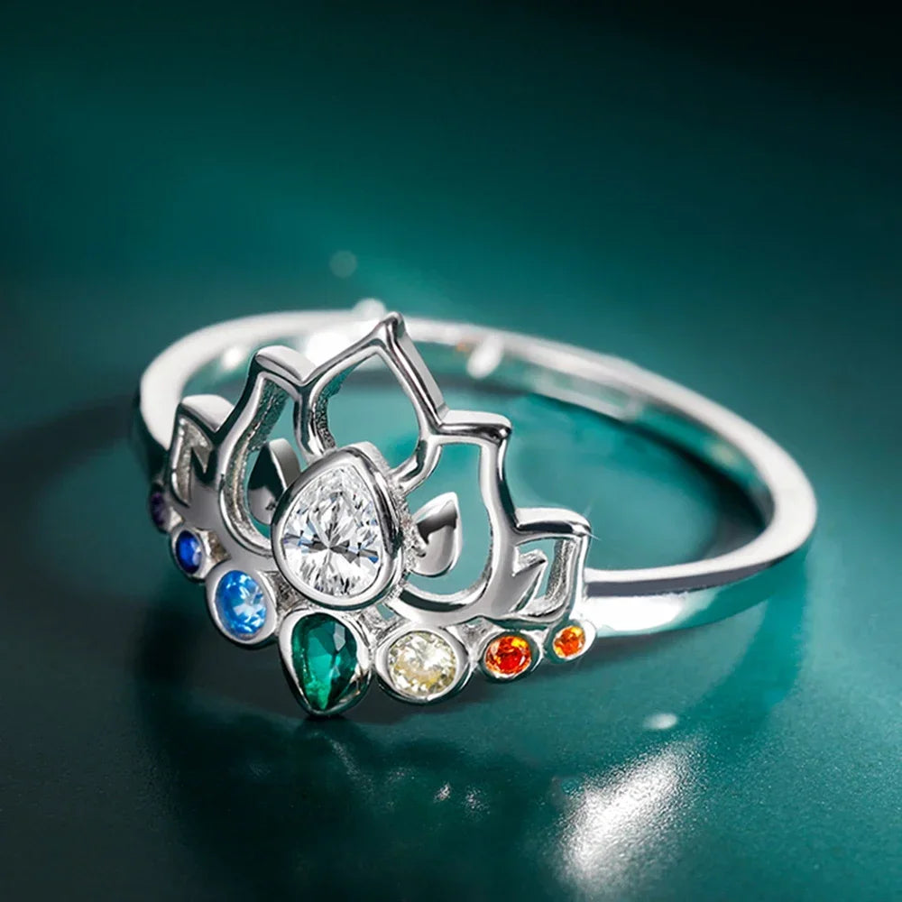 Lotus Flower Boho Colorful Yoga Rings 7 Chakras Rings for Women Healing Rainbow Crystals Amulet Jewelry Gifts