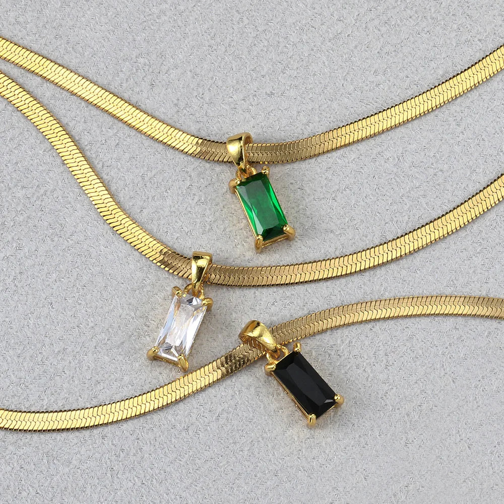 Squares Crystal Pendant Necklace for Women Dazzling CZ Gold Color Stainless Steel Choker Snake Chain on Neck Jewelry-Dollar Bargains Online Shopping Australia