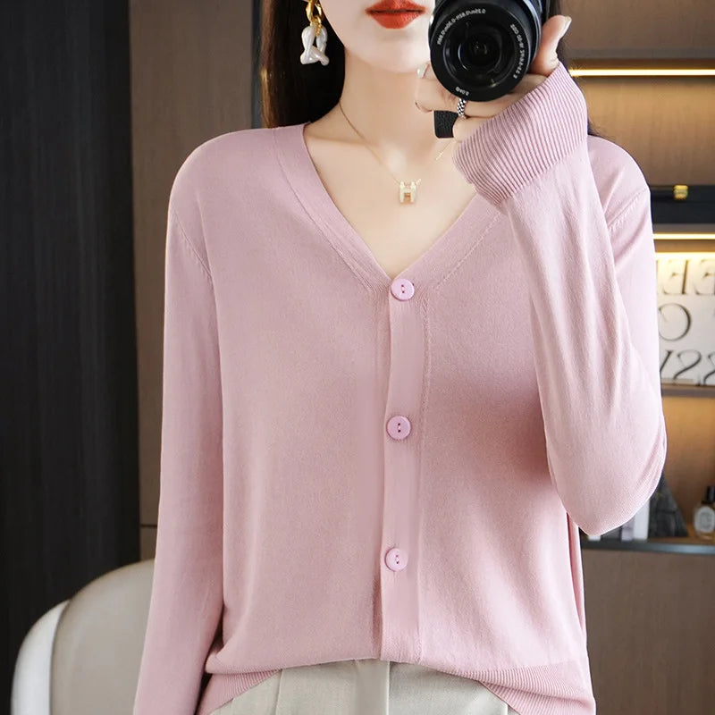 Thin Solid V-Neck Ice Silk Knitted Long Sleeve Cardigan Fashion V-Neck Top for Women-Dollar Bargains Online Shopping Australia