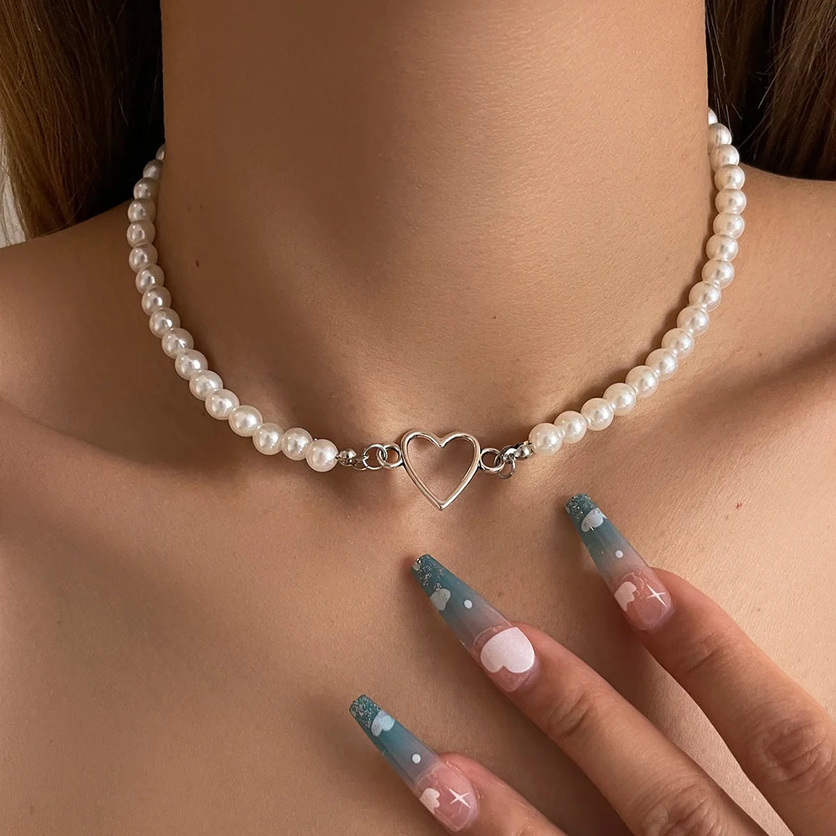 Love Heart Pearl Necklace Female Personality Travel Party Fashion Clavicle Accessories
