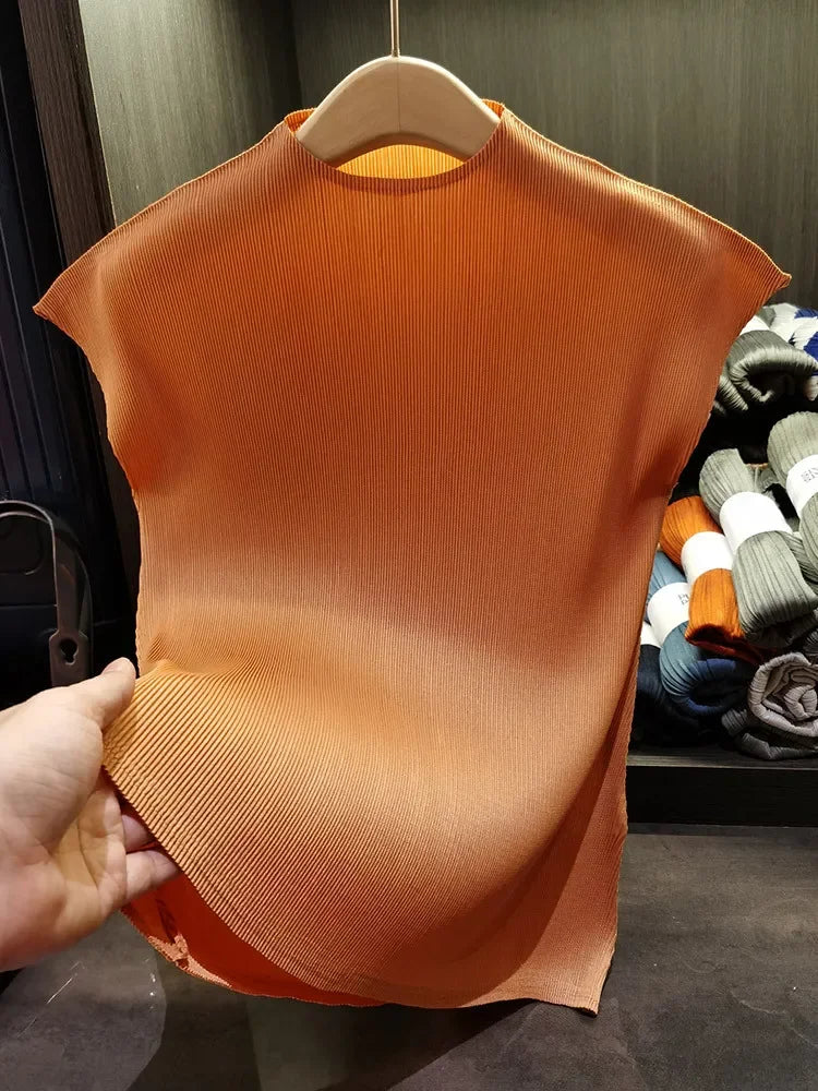 Versatile Classic Simple Solid Color Stand Up Collar Pleated Top Women Slim Slim Short Sleeve Miyake T-shirt Summer-Dollar Bargains Online Shopping Australia