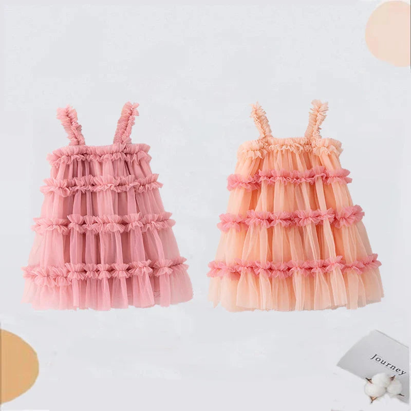 Girls Dresses Fluffy Mesh Halter Cake Puffy Dress Holiday Party Girls Clothing Cute Princess Frock