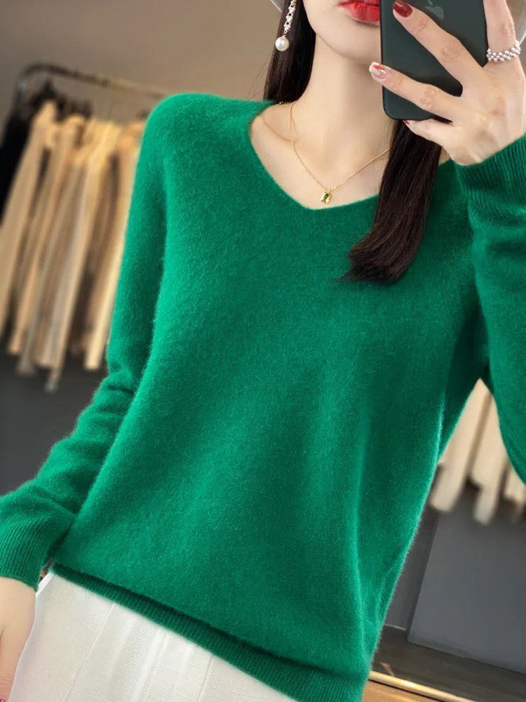 100% Merino Wool Women Sweater V-Neck Long Sleeve Basic Jumper Spring Autumn Winter Clothing Knitwear Tops