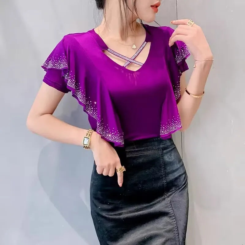 Women's T-Shirt Fashion Casual V-Neck Hollow Out Hot Diamonds Tees Female Ruffled Short Sleeved Mesh Tops-Dollar Bargains Online Shopping Australia