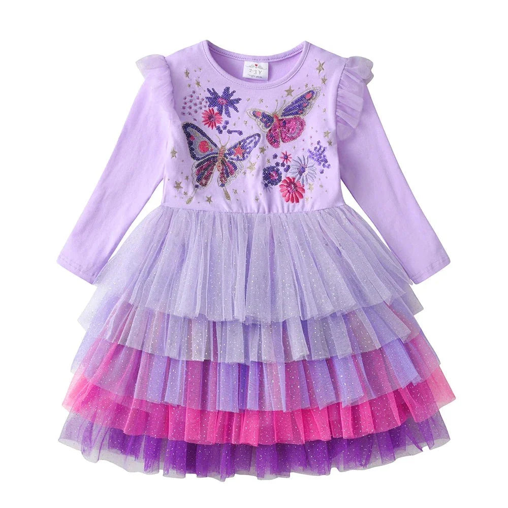 Girls Butterfly Sequins Flare Sleeve Dress Kids Birthday Party Ball Gown Elegant Princess Cake Layered Dress Kids Clothes