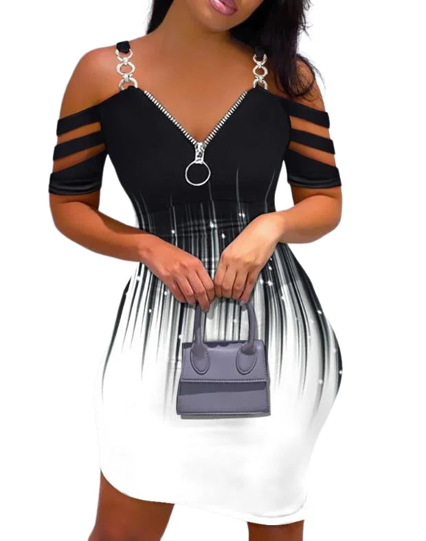 Colorblock Cold Shoulder Bodycon Skinny Mini Dress Elegant Dresses for Women-Dollar Bargains Online Shopping Australia