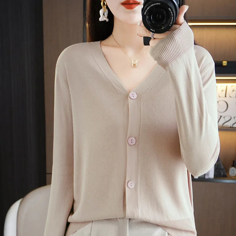 Thin Solid V-Neck Ice Silk Knitted Long Sleeve Cardigan Fashion V-Neck Top for Women-Dollar Bargains Online Shopping Australia