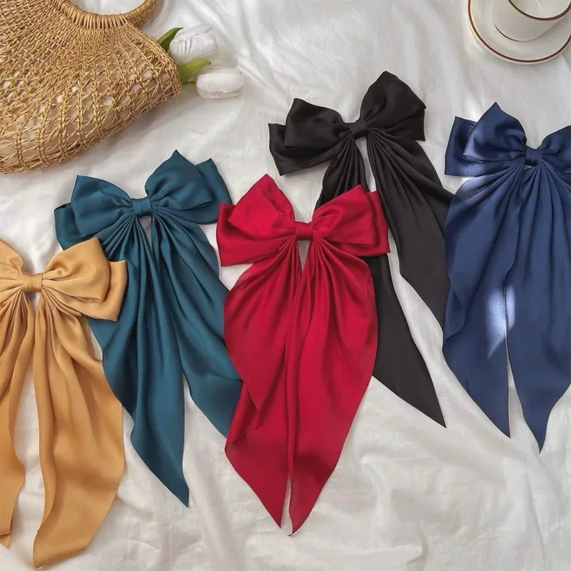 Large Satin Bow Hair Clip Women Girl Black Pink Spring Clip Hair Pin Retro Headband with Clips Hair Accessories