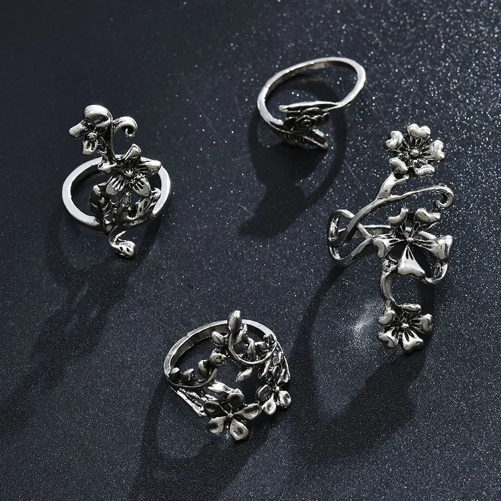 4PCS/Set Forest Vine Leaf Flower Ring Vintage Punk Antique Carved Midi Finger Ring Women Bohemian Rings For Men Jewelry Gifts