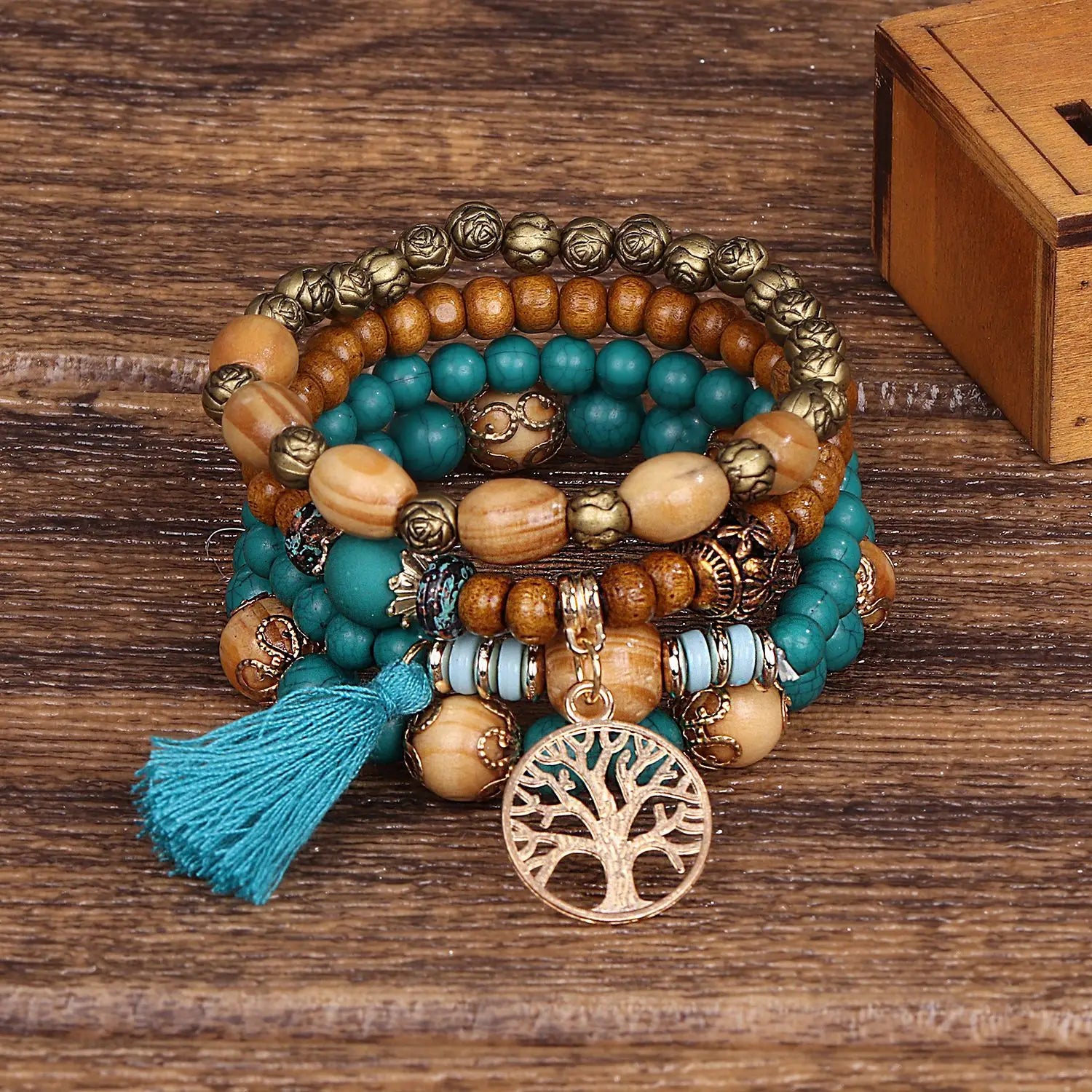 4Pcs/Set Boho Wooden Beaded Bracelet Set For Women Tree Of Life White Tassels Charm Elastic Chain Bangle Lady Bohemia Jewelry-Dollar Bargains Online Shopping Australia