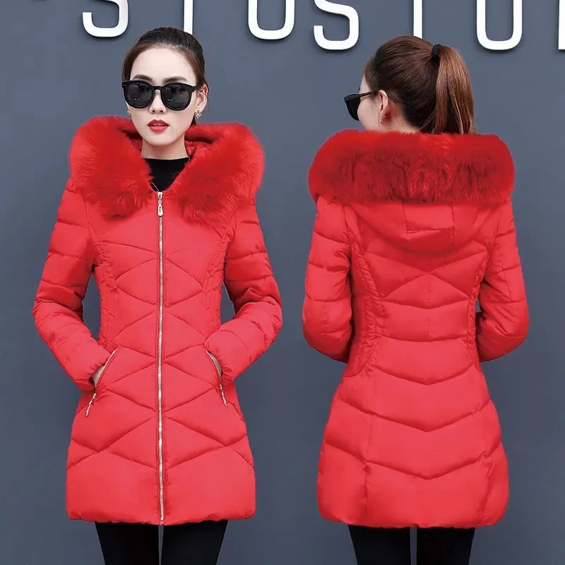 Winter Parkas Women Cotton-Padded Jacket Women's Fur Collar Cotton Liner Jacket Slim Long Thick Coat Hooded Female